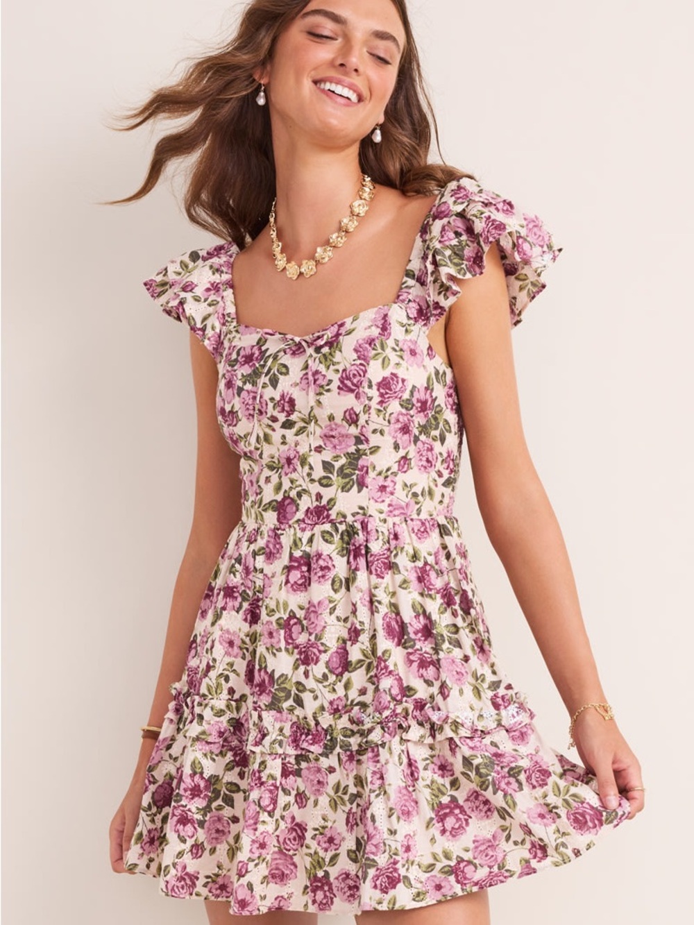 Floral Ruffle-Sleeve Mini Dress